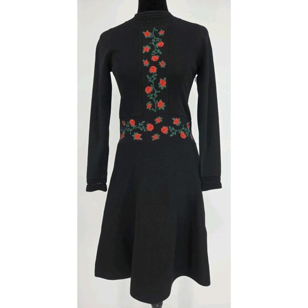 Sandro Knit Dress Small With Embroidered Roses color black